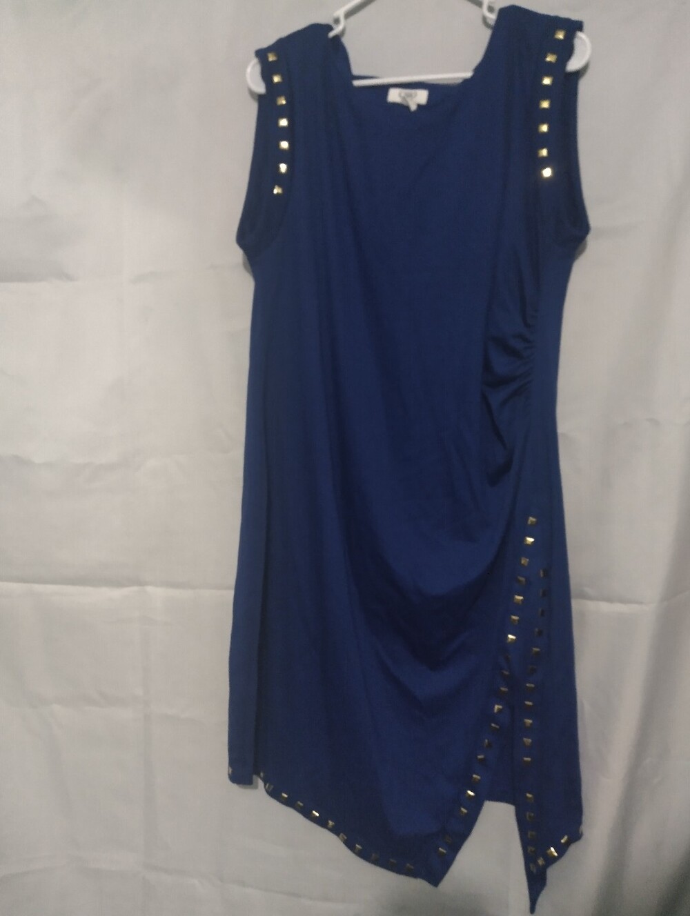 Blue Stud-Trim Sleeveless Draped Dress